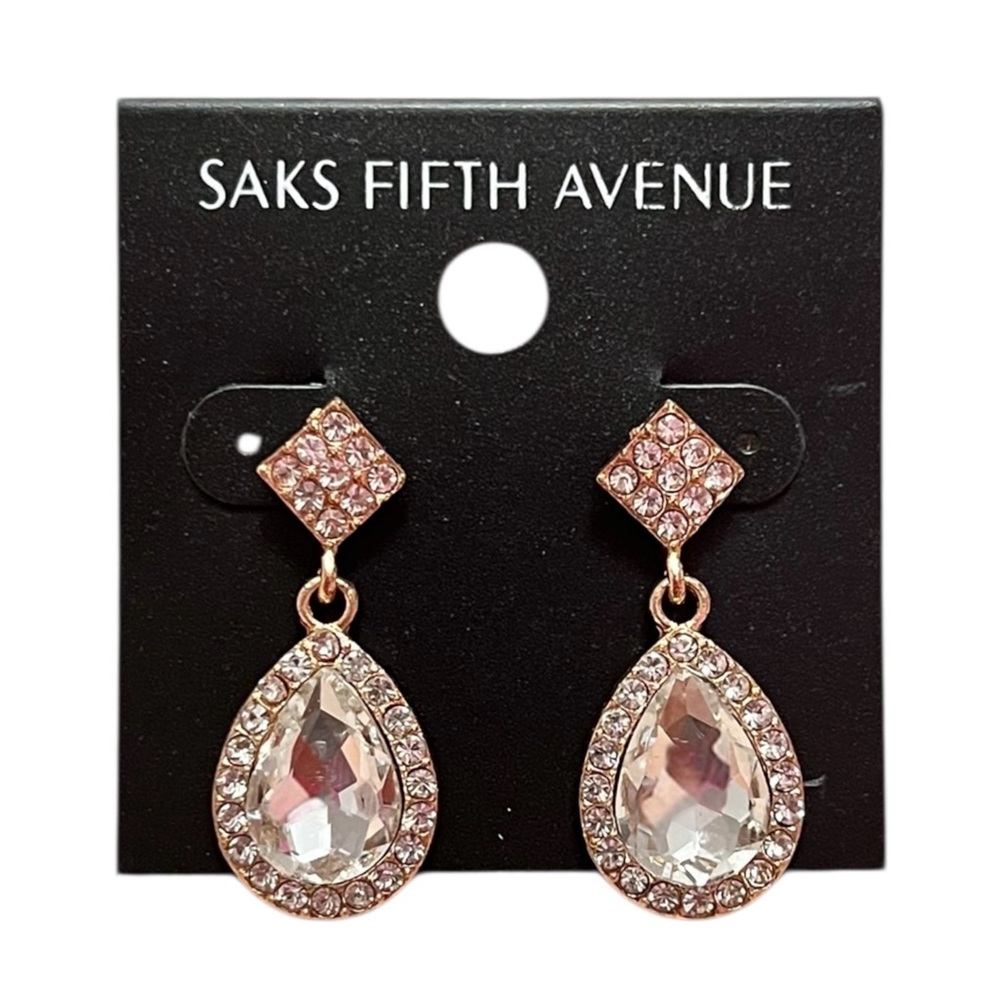 Saks Fifth Avenue Gold and Clear Crystal Teardrop Dangle Earrings